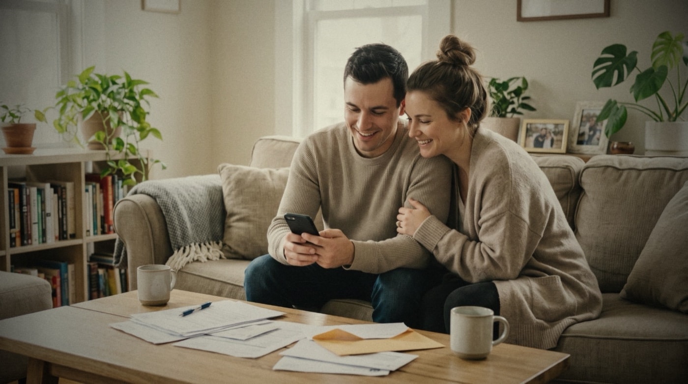 A couple smiling at a phone on their living room couch, with paperwork and mugs on the coffee table